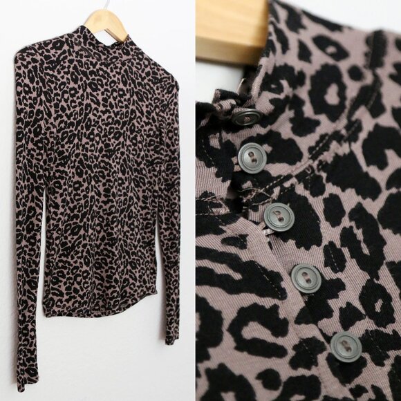 Free People Leopard Animal Print Soft Jersey Mock Neck Long Sleeve Top Button XS - Picture 15 of 15